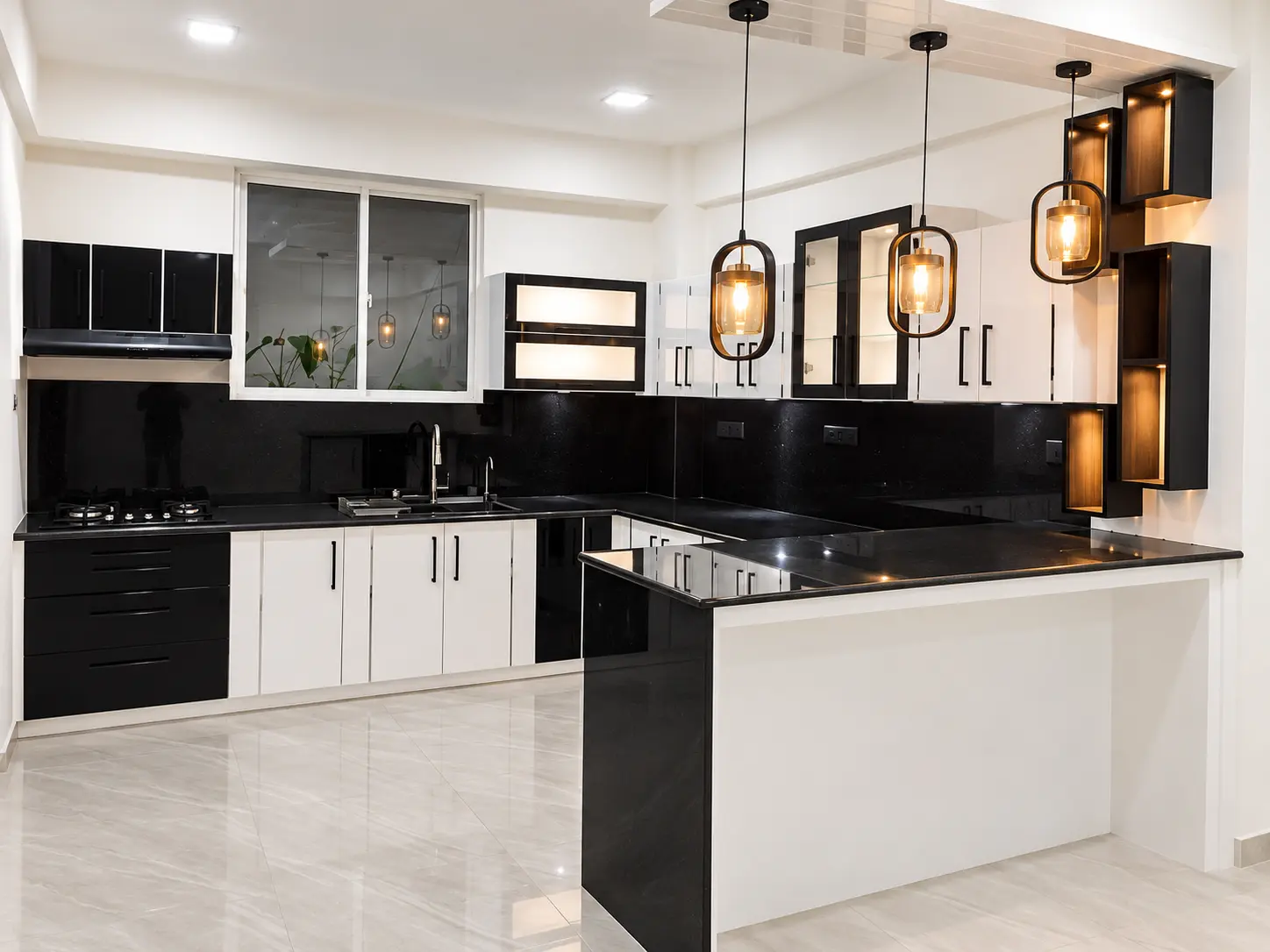 Premium black and white kitchen with statement pendant lighting