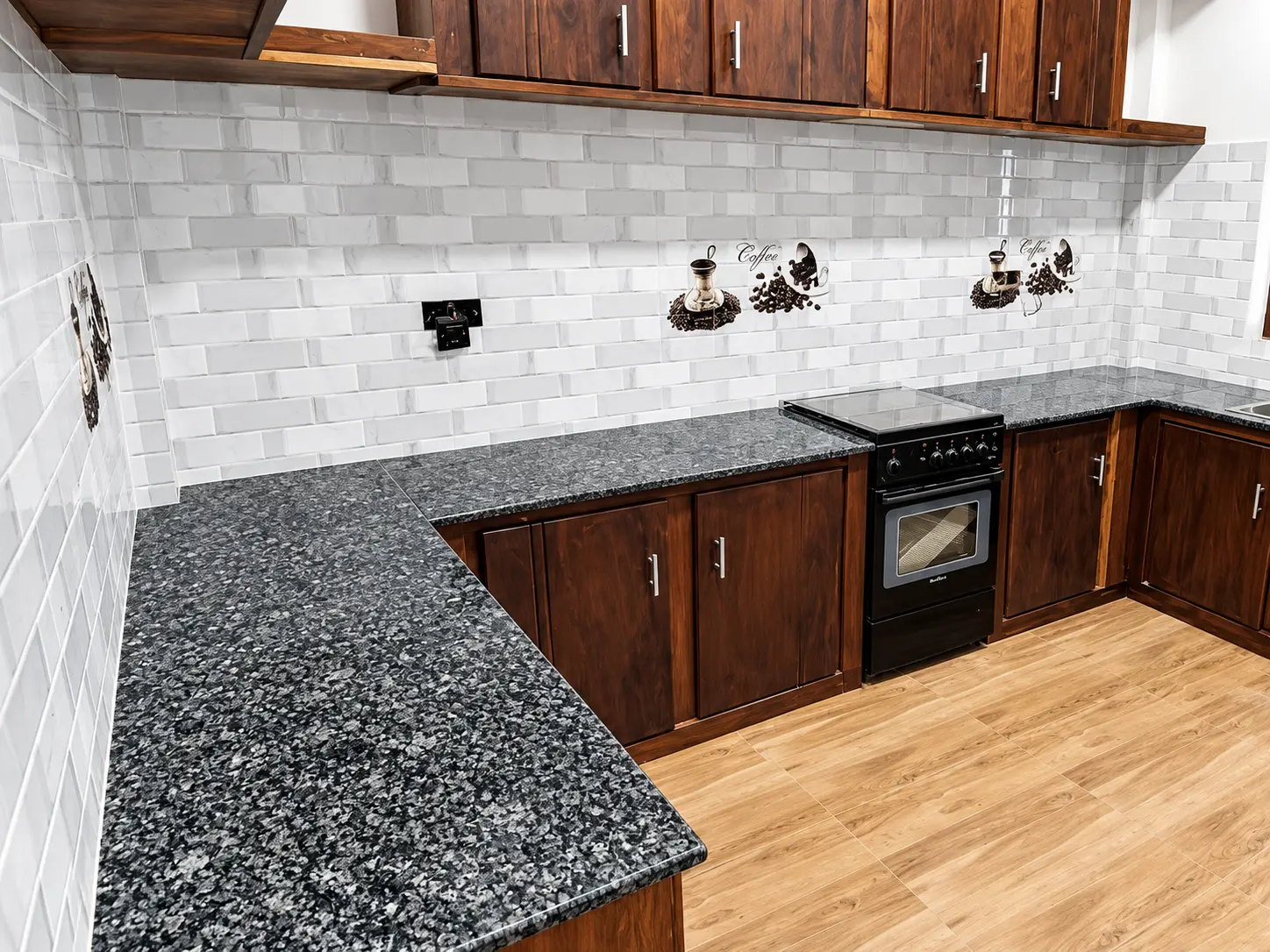 Walnut cabinetry and a glossy dark granite counter