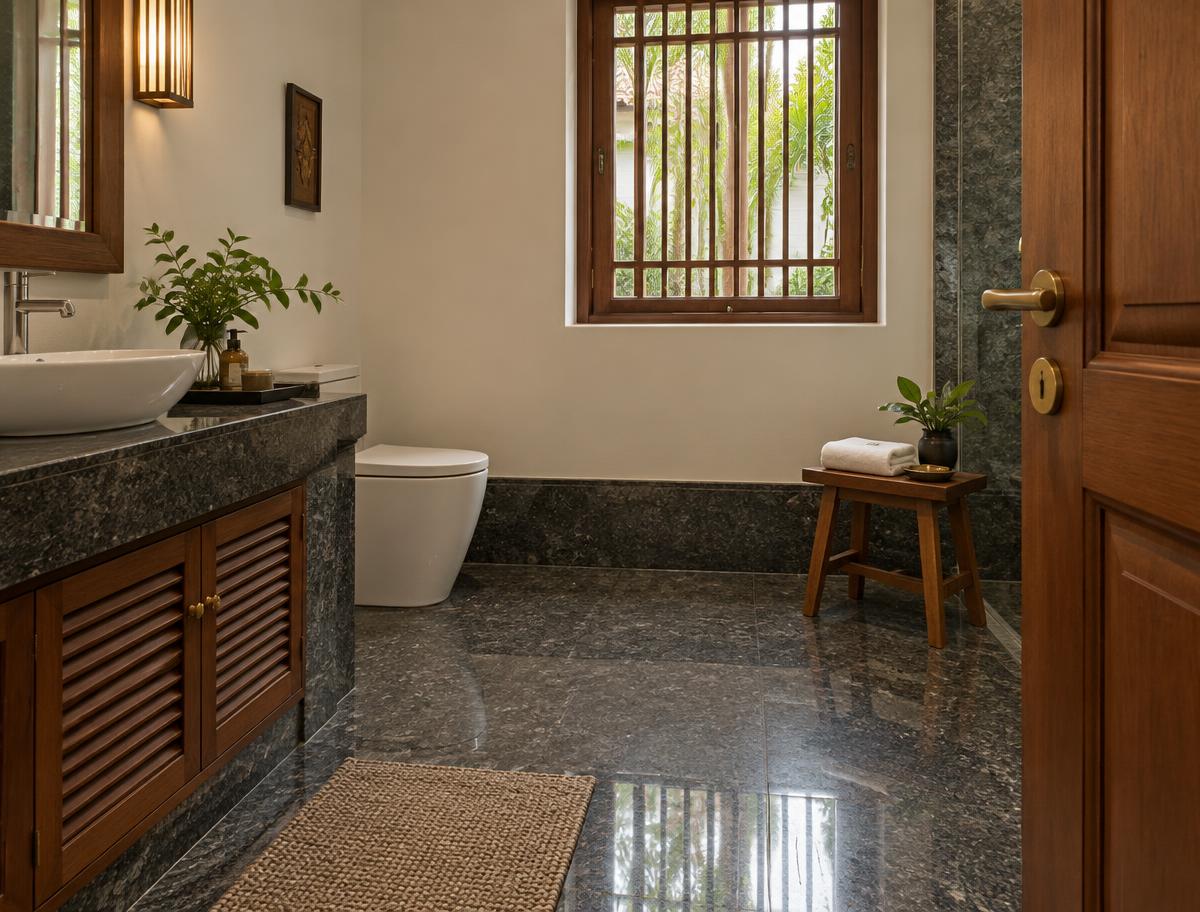 Concept visualisation of a polished granite bathroom floor with ivory walls and timber door