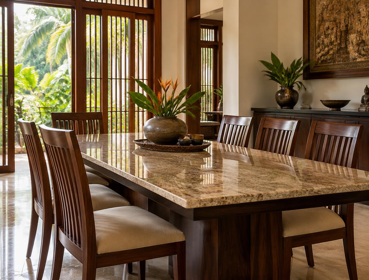 Concept visualisation of a granite dining table top in a warm Sri Lankan dining room