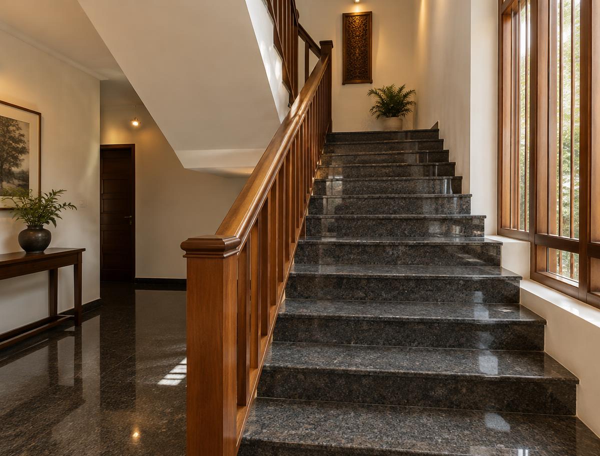 Concept visualisation of a polished granite staircase with a timber handrail in a Sri Lankan home