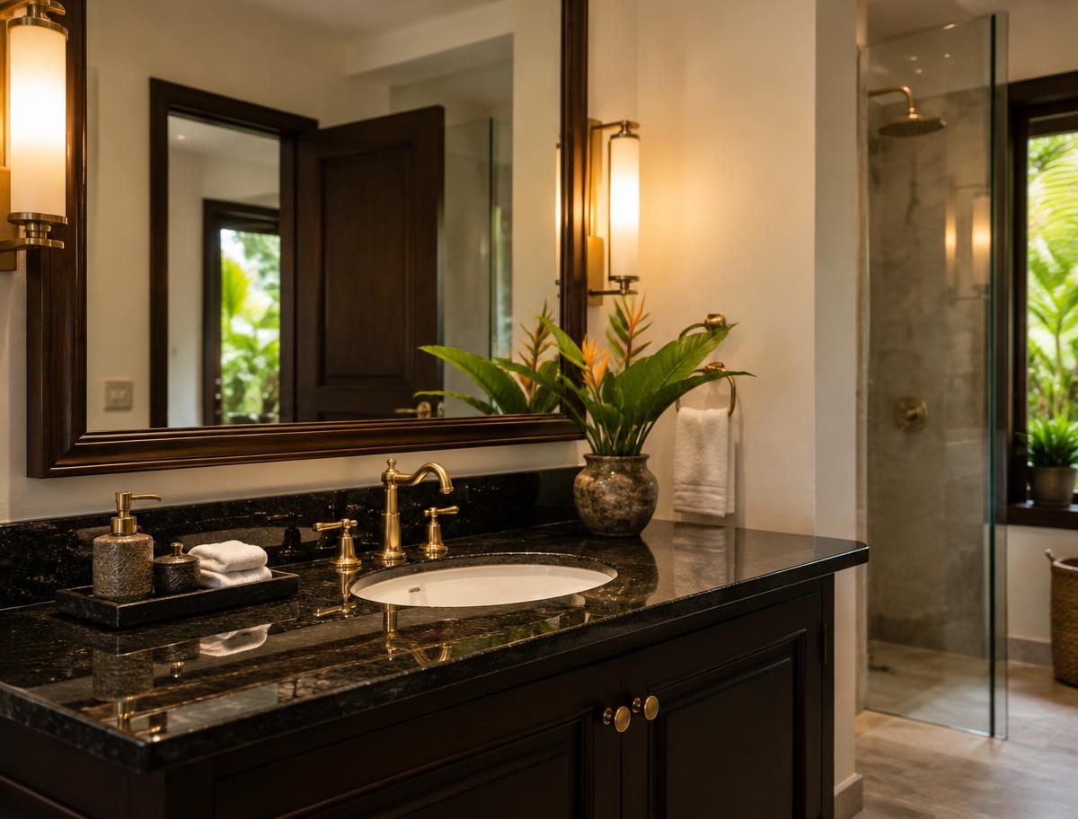 Concept visualisation of a black granite vanity top with a brass faucet and warm sconce lighting